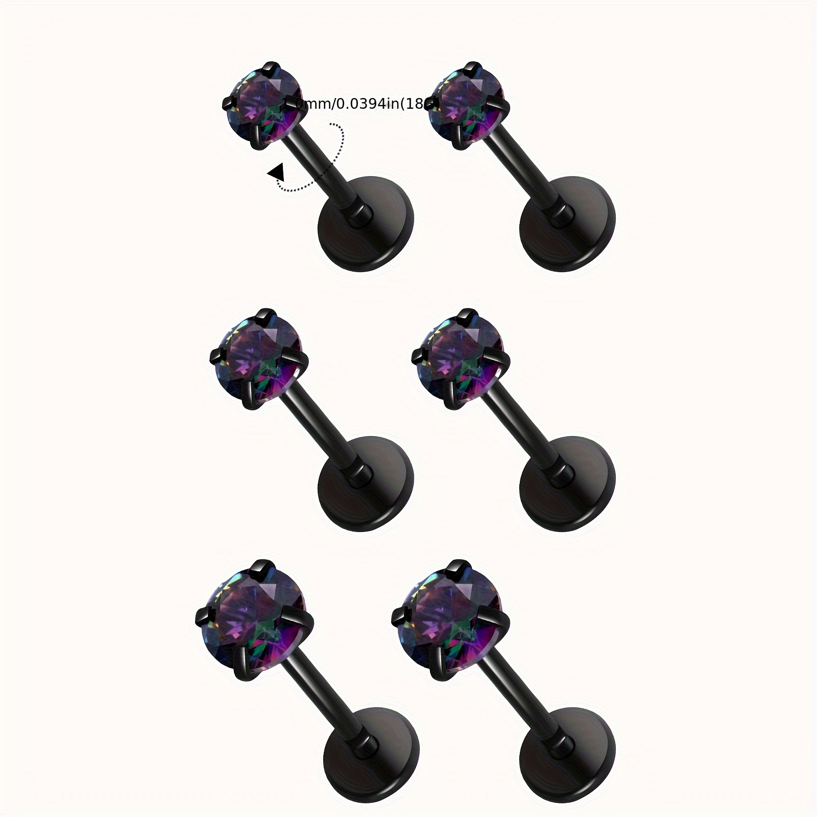 6pcs 16G Flat Back Earrings Studs Cartilage Jewelry 316L Stainless Steel